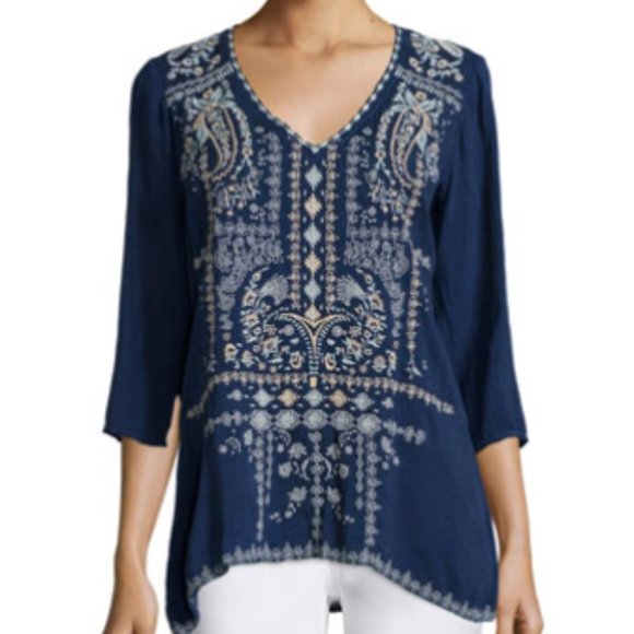 Johnny Was Tops - Johnny Was Paizyn 3/4-Sleeve Embroidered Blouse, Blue Night Sold Out